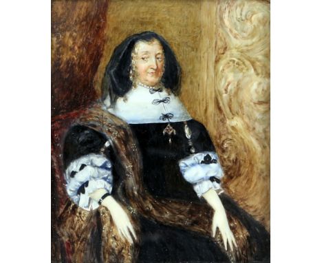 19th century portrait of a lady in black and white  Gouache on ivory,  14cm x 12cm  hand written labels versoPLEASE NOTE: THI