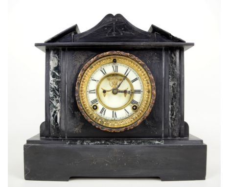 Polished slate mantel clock with twin train movement 30cm x 30cm  