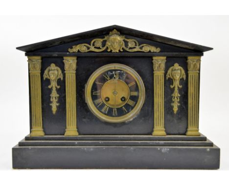 Slate mantel clock with twin train movement, 34cm x 55cm.