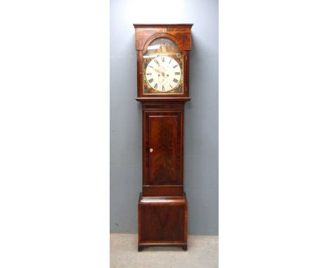 18th Century mahogany longcase clock with painted dial, subsidiary second and date dials, twin train movement, striking on a 