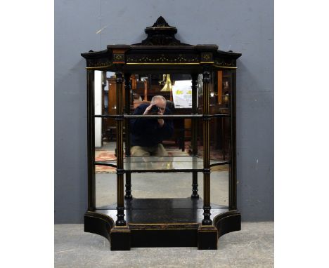19th century ebonised mirror back shelf on shaped base  120cm x 86cm 