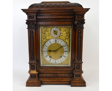Early 20th century oak cased mantle clock the two train movement signed  Lenskirch 405499 striking on two gongs 45cm high
