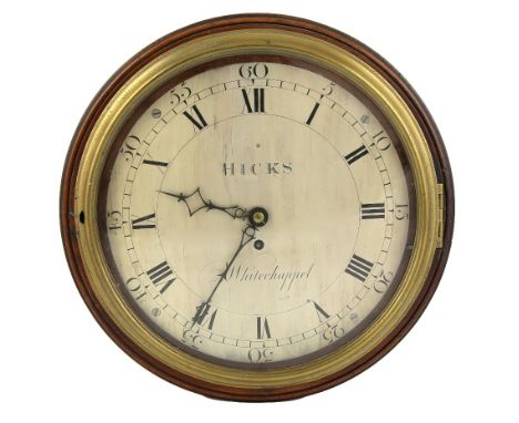 19th century mahogany cased single fusee wall clock  by Hicks Whitechappel, silvered dial, 30cm 