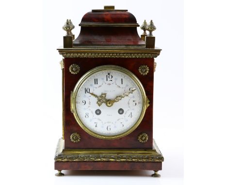 19th century French boulle mantel clock with porcelain dial, Arabic numerals, twin train movement, on shaped feet, 29cm high,