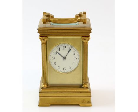 19th century French brass carriage clock with white enamelled dial striking on a chime , 19cm Provenance - Removed for sale f