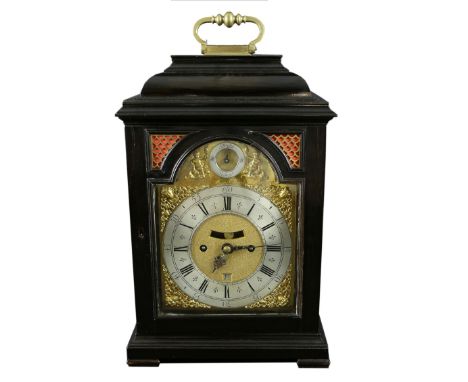 18th century double fusee ebonised eight day bracket clock with repeat by Joannes Mondehare, London. Brass dial with pierced 