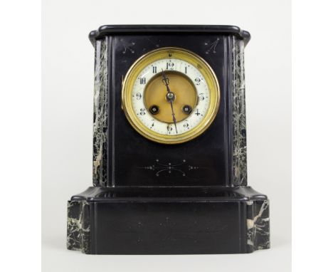 19th century polished slate mantel clock with twin train movement  20cm x 24cm 