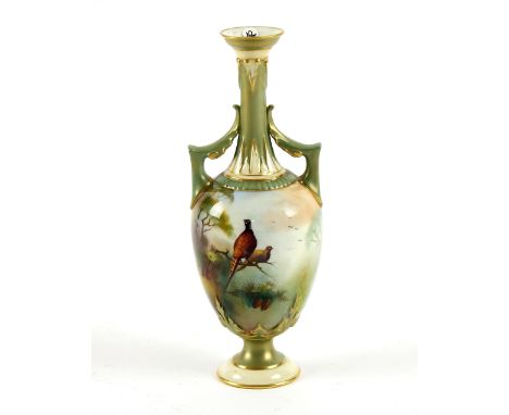 Royal Worcester ovoid vase, painted with a rural scene with pheasants by R Austin, circa 1908, 18.5 cm  high 