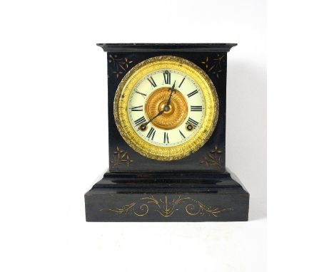 Ansonia enamelled iron cased 8 day mantel clock circa 1880-1890. 11cm porcelain dial ring with Roman numerals. Movement strik