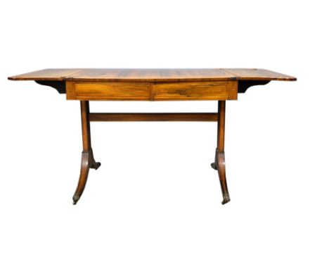 Regency rosewood and cross banded sofa table with two central drawers with inlaid decoration 68cm x 100cm, Provenance - Remov