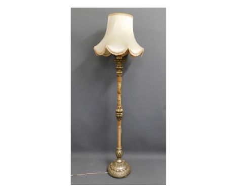 A "shabby chic" standard lamp with painted &amp; silk style decor to base, losses to material, overall height 79in including 