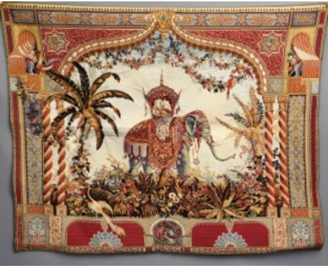 A large Eastern tapestry depicting elephant carrying howdah, 64.5in wide x 52in high