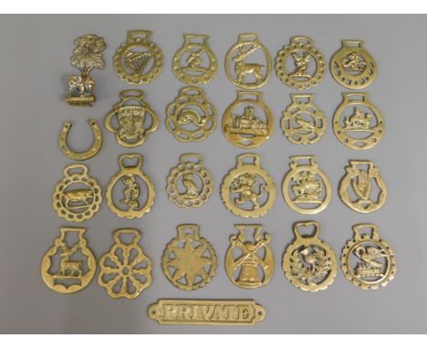 A brass bulldog door knocker twinned with a "private" plate &amp; twenty two horse brass