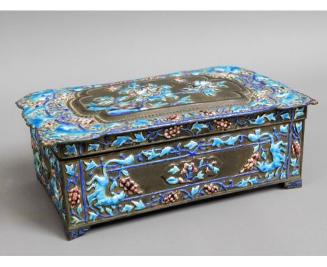 An Oriental box with applied enamel decor, two character mark to base, 6.5in wide x 4in deep x 2.25in high