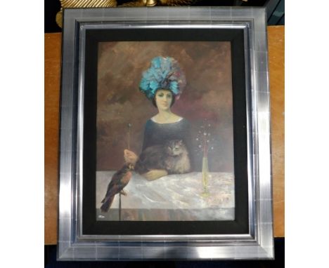 A framed limited edition print "Femme avec l'oiseau" by Van Den Neste, 35in high x 29in wide inclusive