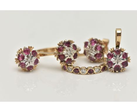 TWO 9CT GOLD RUBY AND DIAMOND RINGS, EARRINGS AND A PENDANT, the first a cluster ring, set with a single cut diamond in a sur