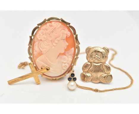 FOUR PIECES OF JEWELLERY, to include a 9ct gold, carved shell cameo brooch, depicting a lady in profile, collet setting hallm