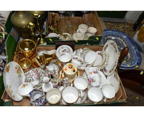 TWO BOXES OF CERAMICS AND METALWARE, to include a large oval metal framed wall mirror, an oak framed floral embroidered fire 