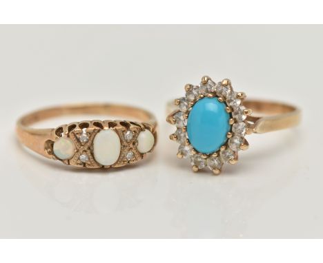 TWO 9CT GOLD RINGS, the first a designed as three opal cabochons interspaced by four single cut diamonds, ring size Q, the se