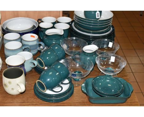 A COLLECTION OF DENBY DINNERWARE, comprising a 'Baroque' pattern pedestal fruit bowl (marked as second quality), three large 