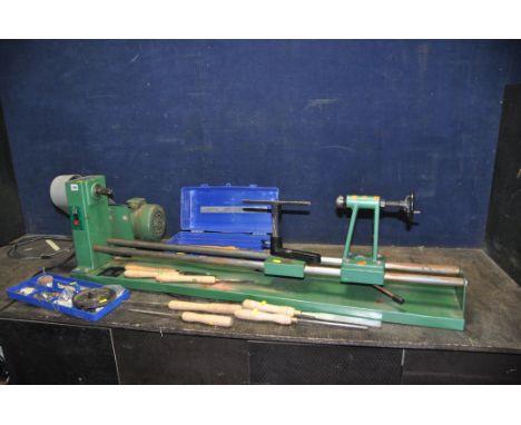 AN ALPINE G800 VINTAGE WOOD LATHE with a toolbox containing Marples, Sorby, Ashley Iles etc chisels and gouges, lathe length 