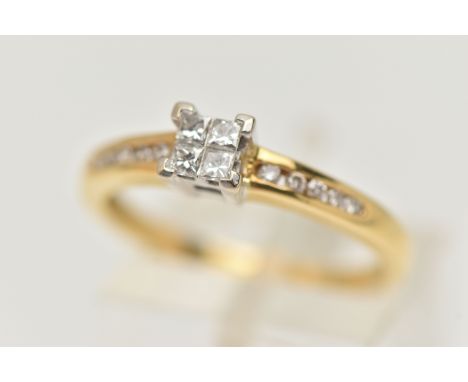 A 18CT GOLD DIAMOND RING, four princess cut diamonds invisible set with four exterior prongs, leading on to round brilliant c
