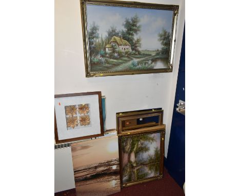 DECORATIVE PAINTINGS AND MIRRORS ETC, comprising a large oil on canvas landscape signed Marten, approximate size 60cm x 90cm,