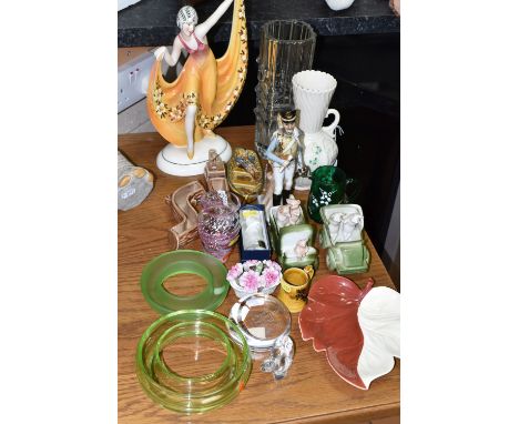 A GROUP OF ASSORTED CERAMICS AND GLASSWARE, including a modern Belleek twin handled vase, height 21cm, a Katzhutte figure of 