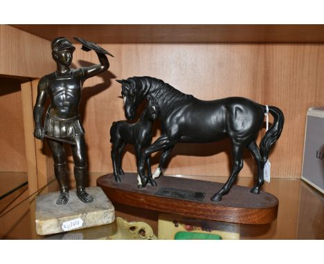 A BESWICK 'BLACK BEAUTY AND FOAL', a Connoisseur model mounted on a wooden plinth, matt glazed, height 20cm, together with a 