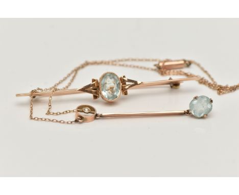 AN EARLY 20TH CENTURY AQUAMARINE BROOCH AND NECKLACE, a bar brooch centrally set with an oval cut aquamarine, with milgrain a