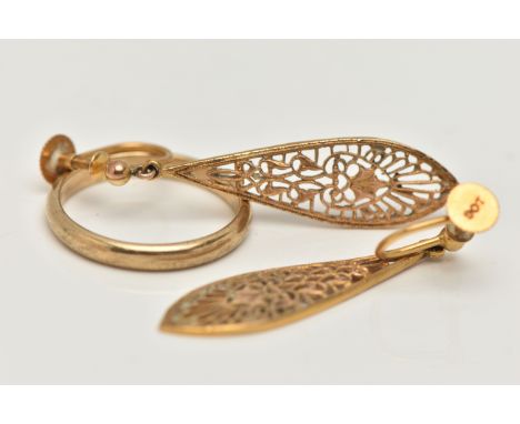 A 9CT GOLD BAND RING, AND A PAIR OF YELLOW METAL DROP EARRINGS, plain polished band, hallmarked 9ct Birmingham, ring size P 1