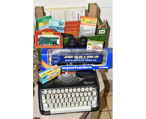 A BOX AND LOOSE TYPEWRITER, DIECAST VEHICLES AND SUNDRY ITEMS, to include an Olympia Splendid 66 cased typewriter, modern box