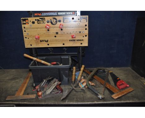 A BOX OF WOODWORKING TOOLS AND A WORKMATE including a Rapier 400 wood plane, two similar planes Made in USA, T squares, Tri s