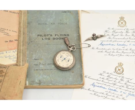 ROYAL AIR FORCE LOG BOOK AND ITEMS, to include a 'Royal Air Force, Pilots Flying Log Book', assigned to 'F.W.Yates' Rank Pilo