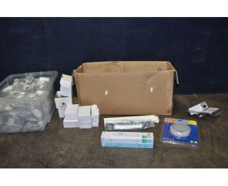 TWO BOXES OF ELECTRICAL ITEMS including three types of 12v lighting power supplies, three LED interior lights, a van LED ligh