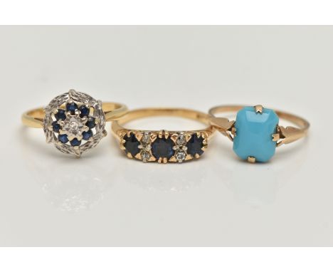 THREE GEM SET RINGS, to include a yellow metal, sapphire and diamond ring, scrolling gallery, polished band, stamped 18ct, ri