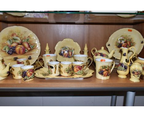 THIRTY EIGHT PIECES OF AYNSLEY ORCHARD GOLD TEA AND DINNER WARES, to include a tea for one teapot, cup and saucer, a teapot i