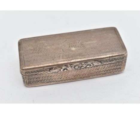 AN EARLY VICTORIAN NATHANIEL MILLS SILVER SNUFF BOX, the rectangular shape with engine turned banded detail, a central initia