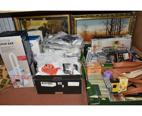 FOUR BOXES AND LOOSE HAMPER, AS NEW GOODS, PICTURES, AND SUNDRY ITEMS, to include a quantity of as new in packaging printed h