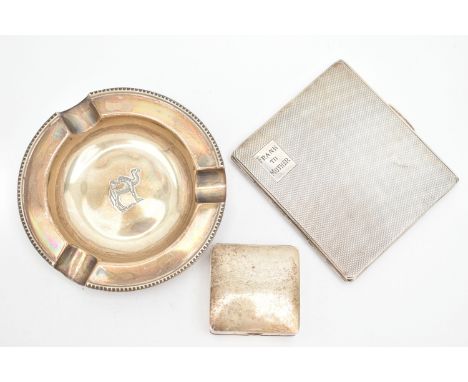 THREE ITEMS OF SILVER, to include a cigarette case, of square form with engine turned pattern and engraved monogram reading '