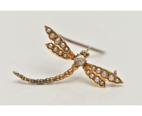 A YELLOW METAL DIAMOND AND PEARL BROOCH, in the form of a dragonfly, set with a central round brilliant cut diamond, estimate