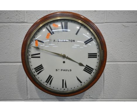 A 20TH CENTURY CIRCULAR SINGLE FUSEE WALL CLOCK, the mahogany case, a brass framed glass convex door, enclosing a 12 inch ena