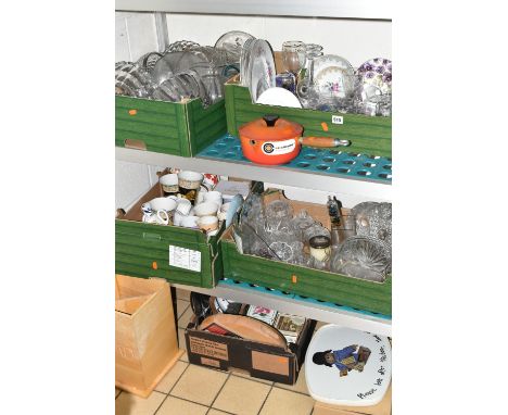 FIVE BOXES AND LOOSE CERAMICS, GLASS AND KITCHEN WARES, to include an orange Le Creuset size 18 covered saucepan with pouring