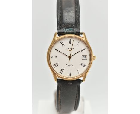 A GENTS 'LONGINES' QUARTZ WRISTWATCH, round white dial signed 'Longines quartz', Roman numerals, date window at the three o'c