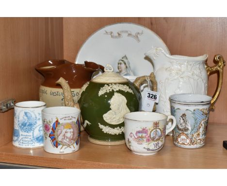A GROUP OF QUEEN VICTORIA COMMEMORATIVE CERAMICS, produced to celebrate her Diamond Jubilee in 1897, to include a Copeland Sp