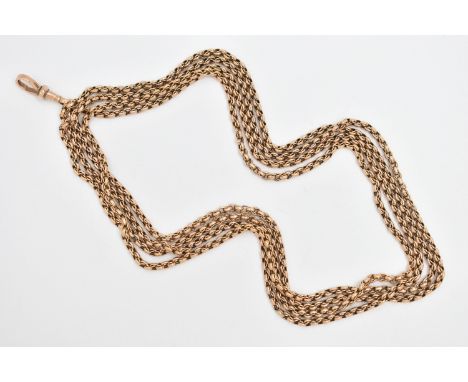 A YELLOW METAL LONGUARD CHAIN, belcher link chain tag stamped 9c to one link, fitted with a single lobster clasp, stamped 9c,