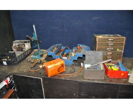 A COLLECTION HAND AND VINTAGE POWER TOOLS, including spanners, Thor mallets, a Black and Decker drill stand, two untested dri