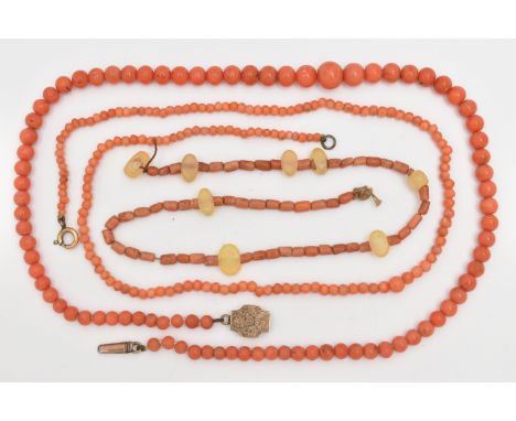 THREE CORAL BEAD NECKLACES, the first an early 20th century graduated coral bead necklace to the octagonal push piece clasp w