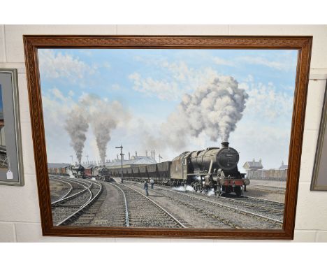 GEORGE HEIRON (1929-2001) 'AN LMS CLASS 8 STEAM LOCOMOTIVE, engine number 48340, 2-8-0 wheel layout, depicted pulling coal wa