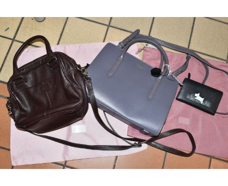 TWO RADLEY OF LONDON HANDBAGS, comprising a grey bag with shoulder strap with powder pink dust bag, labelled with markers mar